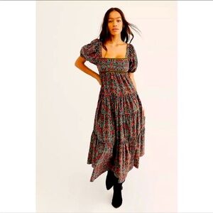 Free People Floral Corduroy Midi / Maxi Dress | Puff Sleeve Babydoll